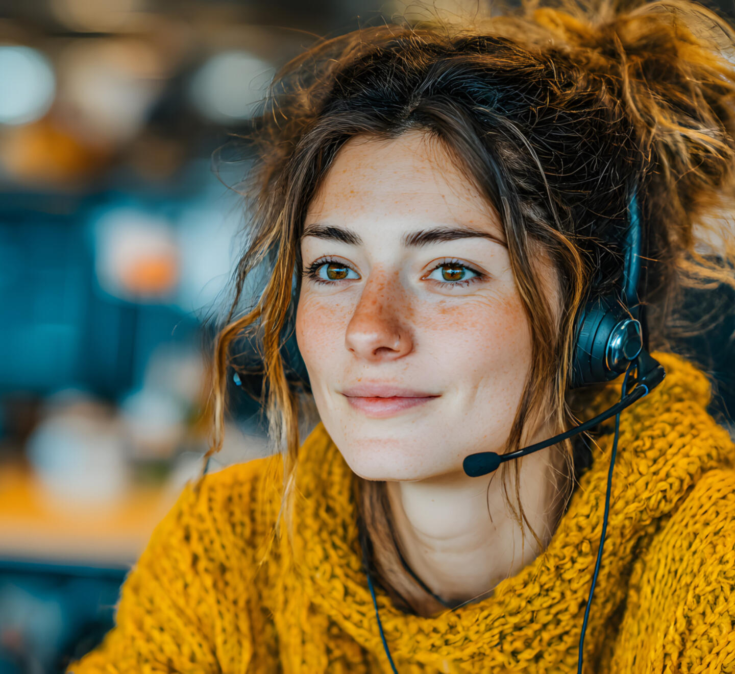Call centre operator in yellow jumper