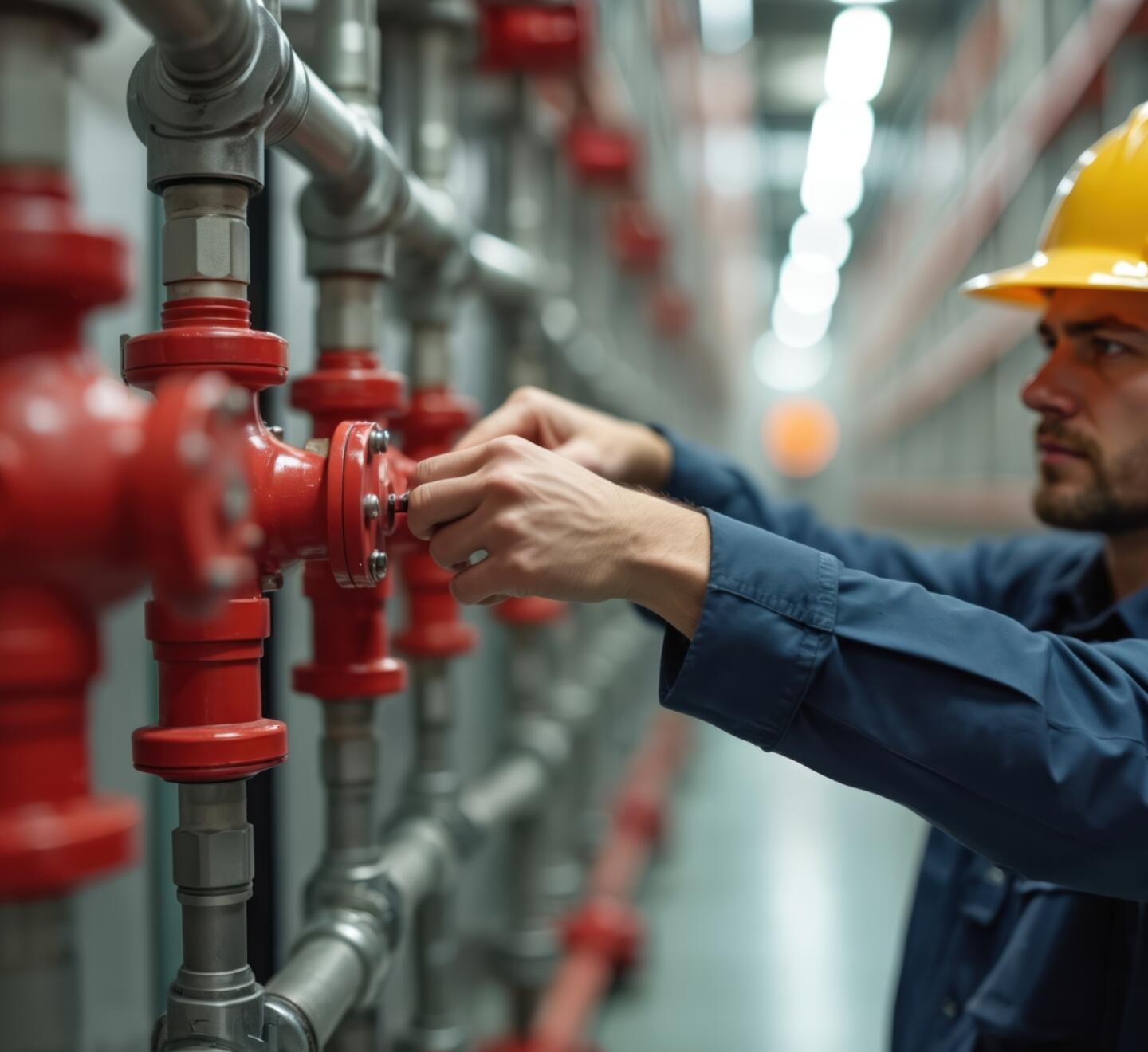Worker adjusts pipes on fire suppression system