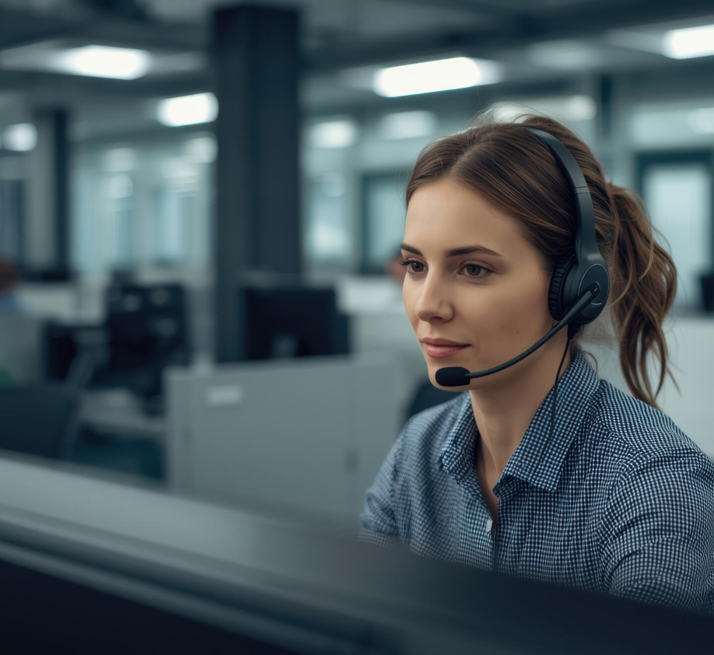 Young customer service representative wearing headset modern call center focused computer screen