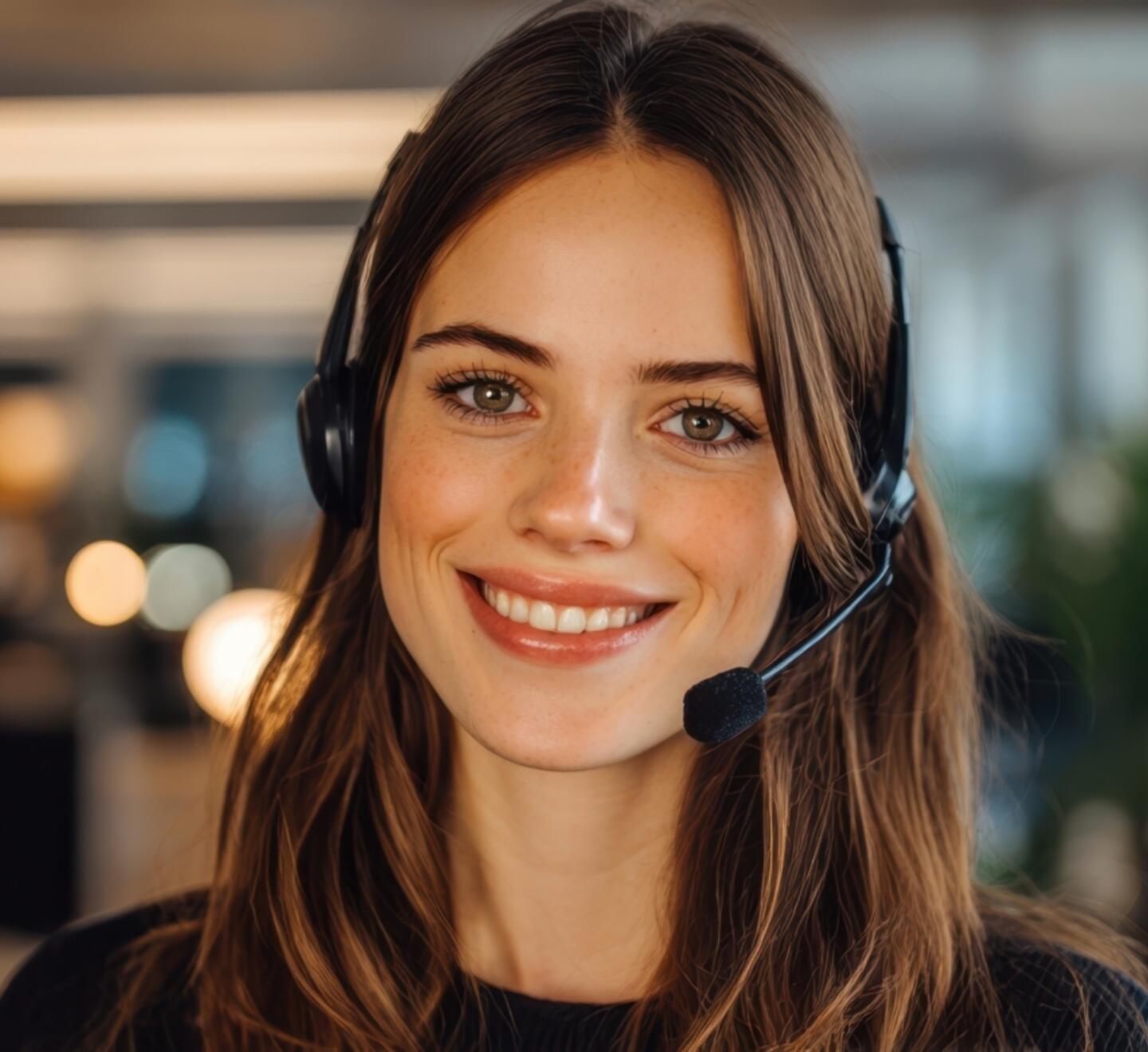 Cheerful woman in a headset providing excellent customer support