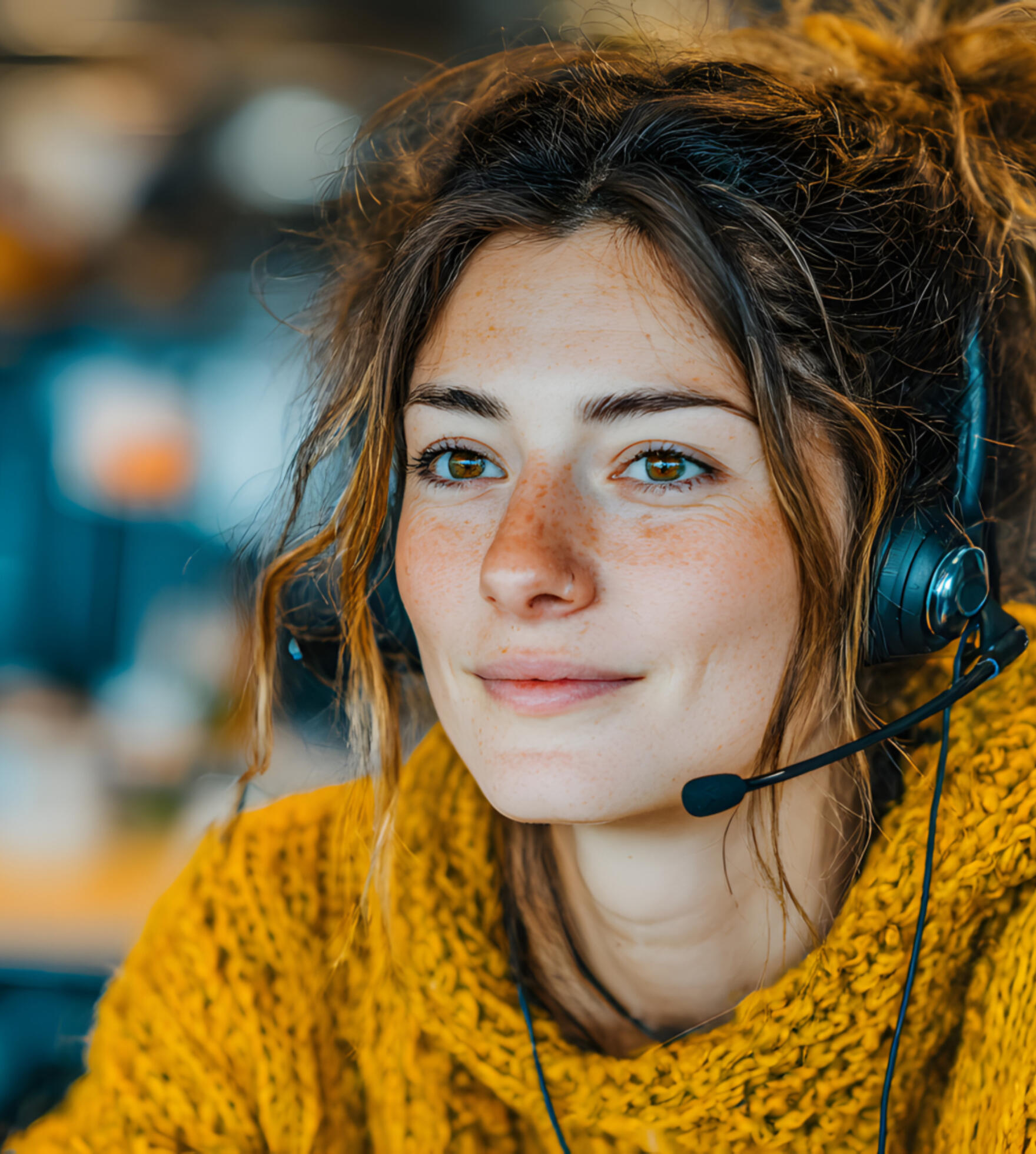 Call centre operator in yellow jumper
