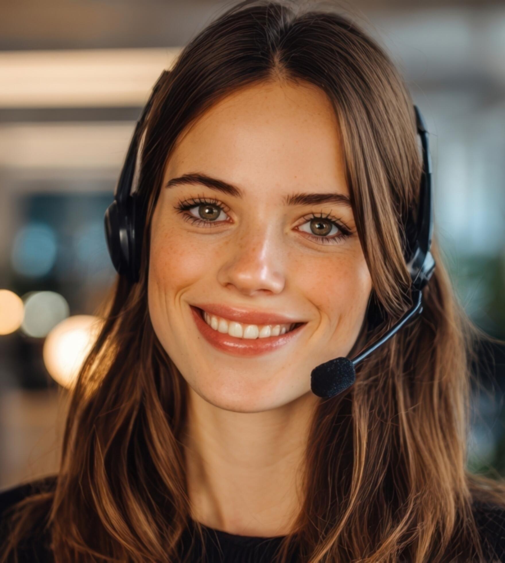 Cheerful woman in a headset providing excellent customer support